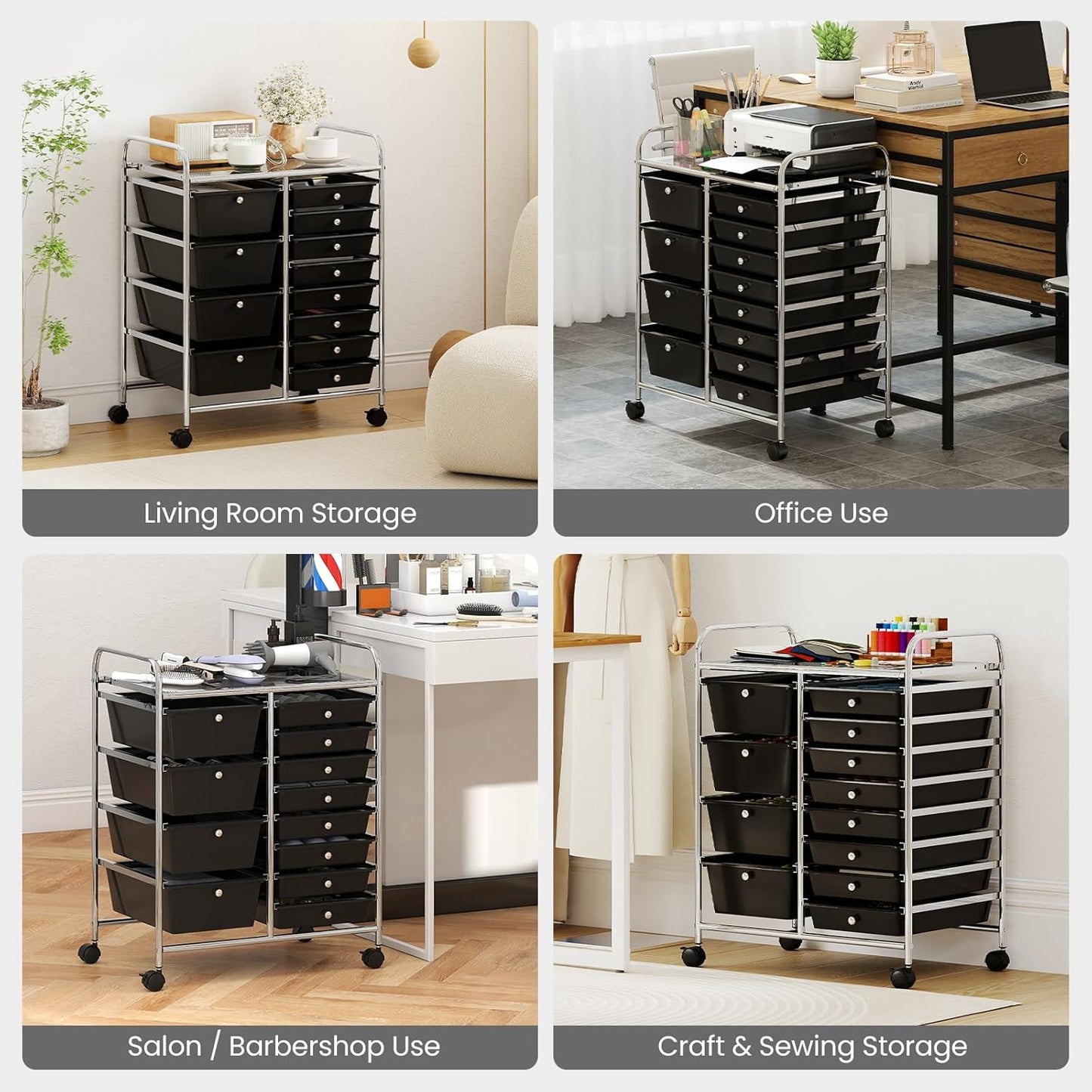 15 Drawer Rolling Storage Cart, Mobile Drawer Carts for Craft Art Supply Paper Salon, Utility Cart on Wheels for Classroom Teacher School Office, Rolling Cart with Drawers (Yellow)