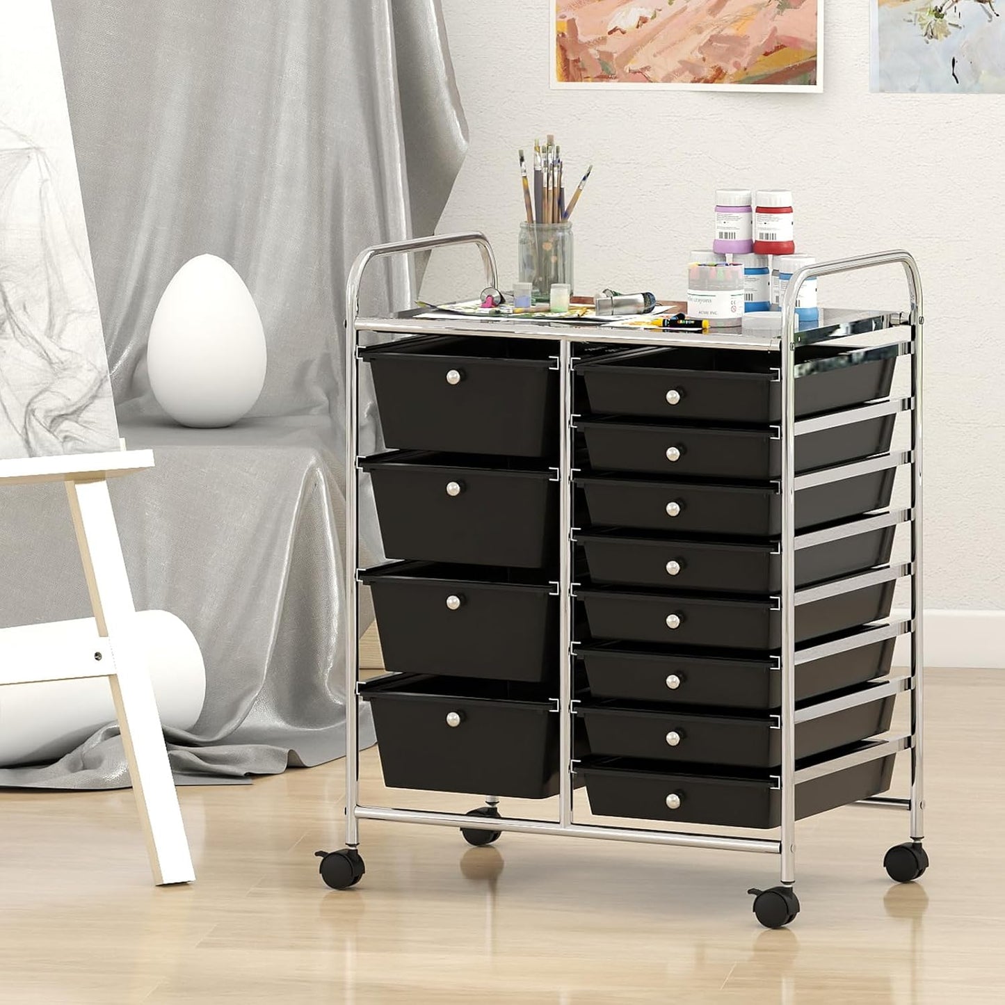 15 Drawer Rolling Storage Cart, Mobile Drawer Carts for Craft Art Supply Paper Salon, Utility Cart on Wheels for Classroom Teacher School Office, Rolling Cart with Drawers (Yellow)