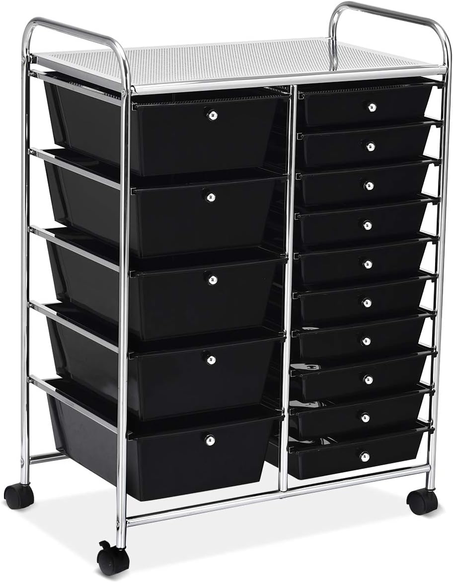 15 Drawer Rolling Storage Cart, Mobile Drawer Carts for Craft Art Supply Paper Salon, Utility Cart on Wheels for Classroom Teacher School Office, Rolling Cart with Drawers (Yellow)