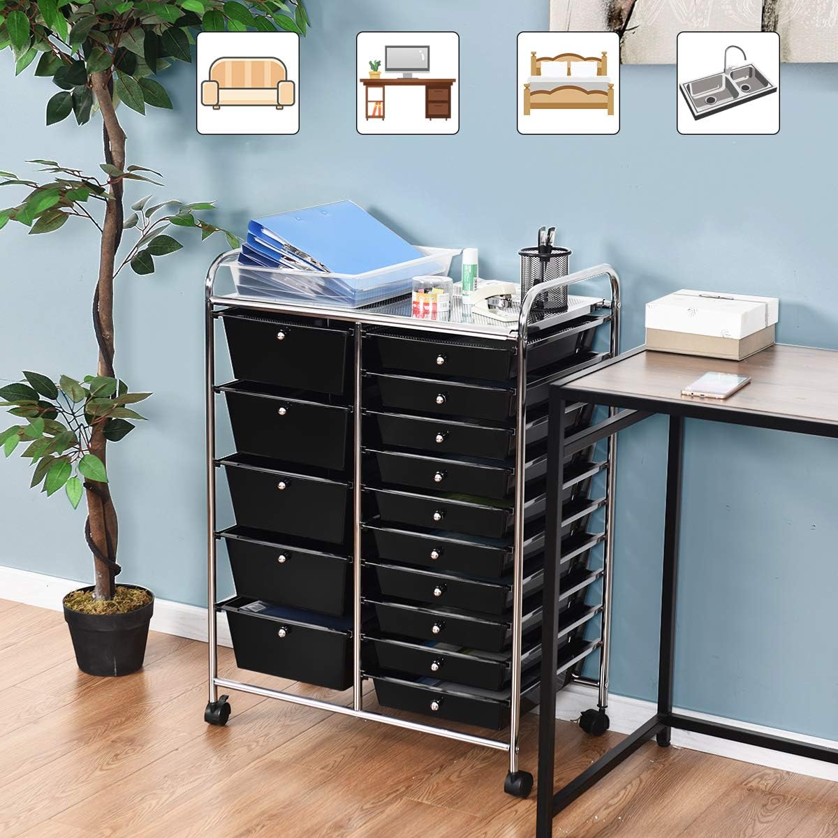 15 Drawer Rolling Storage Cart, Mobile Drawer Carts for Craft Art Supply Paper Salon, Utility Cart on Wheels for Classroom Teacher School Office, Rolling Cart with Drawers (Yellow)