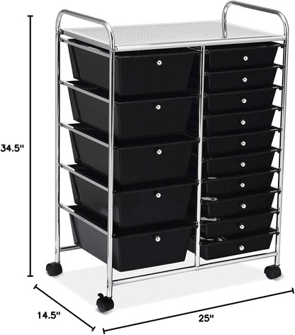 15 Drawer Rolling Storage Cart, Mobile Drawer Carts for Craft Art Supply Paper Salon, Utility Cart on Wheels for Classroom Teacher School Office, Rolling Cart with Drawers (Yellow)