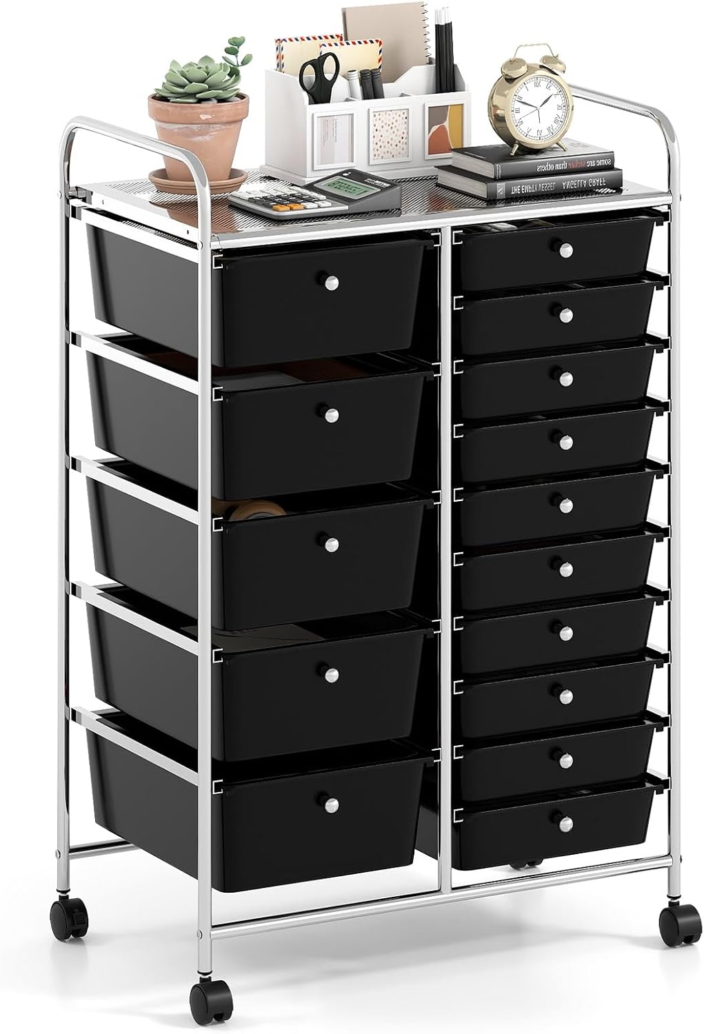 15 Drawer Rolling Storage Cart, Mobile Drawer Carts for Craft Art Supply Paper Salon, Utility Cart on Wheels for Classroom Teacher School Office, Rolling Cart with Drawers (Yellow)