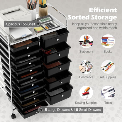 15 Drawer Rolling Storage Cart, Mobile Drawer Carts for Craft Art Supply Paper Salon, Utility Cart on Wheels for Classroom Teacher School Office, Rolling Cart with Drawers (Yellow)