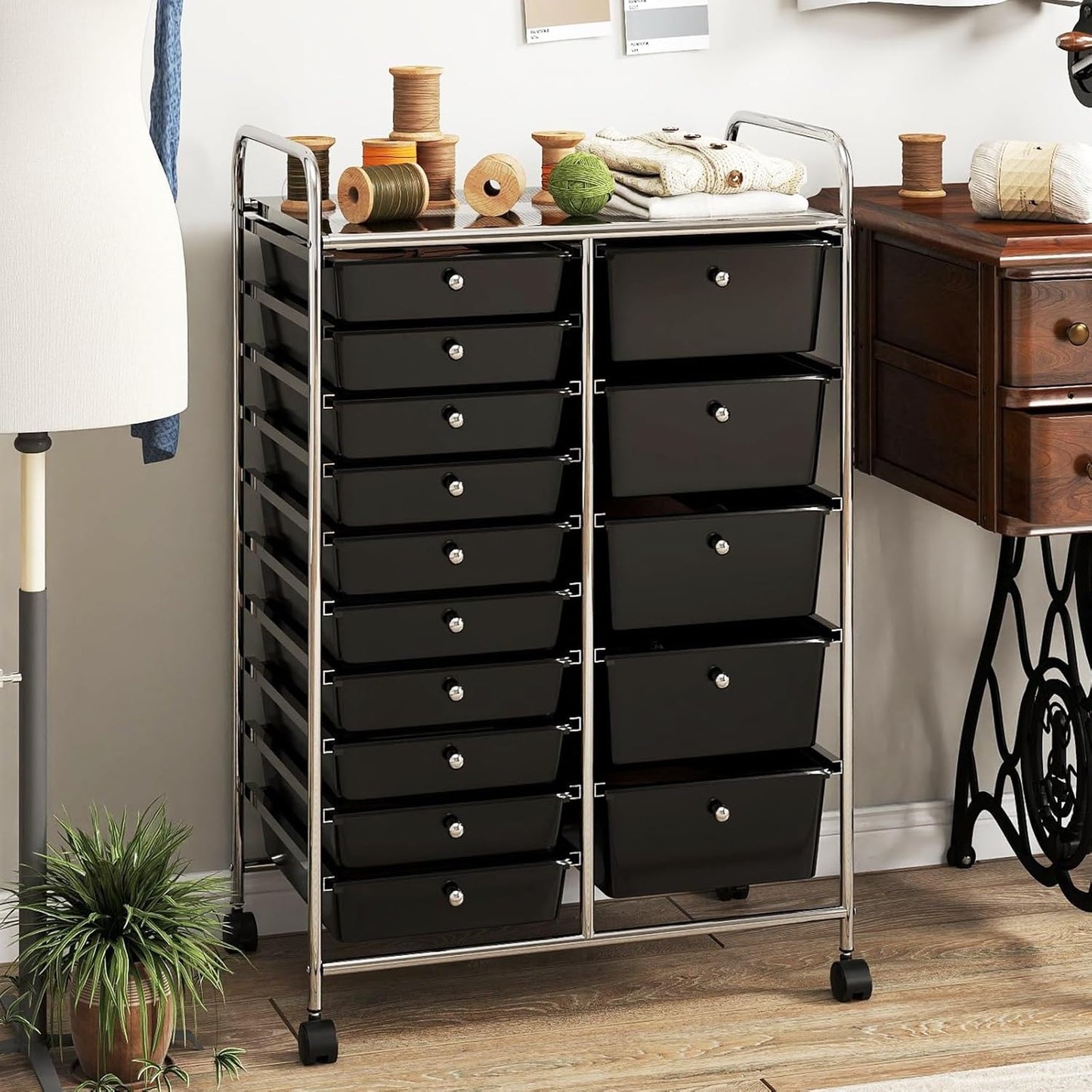 15 Drawer Rolling Storage Cart, Mobile Drawer Carts for Craft Art Supply Paper Salon, Utility Cart on Wheels for Classroom Teacher School Office, Rolling Cart with Drawers (Yellow)