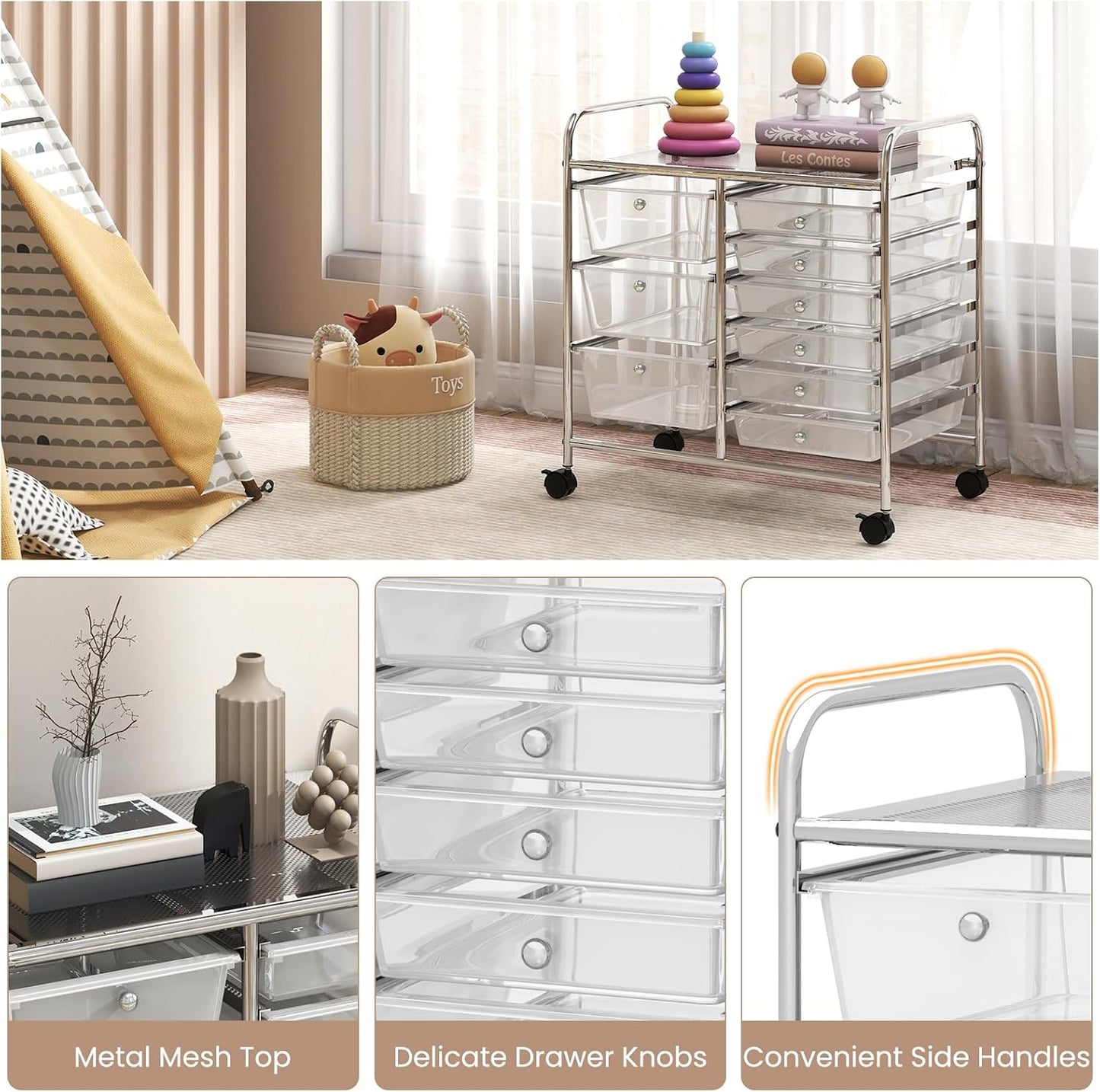 15 Drawer Rolling Storage Cart, Mobile Drawer Carts for Craft Art Supply Paper Salon, Utility Cart on Wheels for Classroom Teacher School Office, Rolling Cart with Drawers (Yellow)