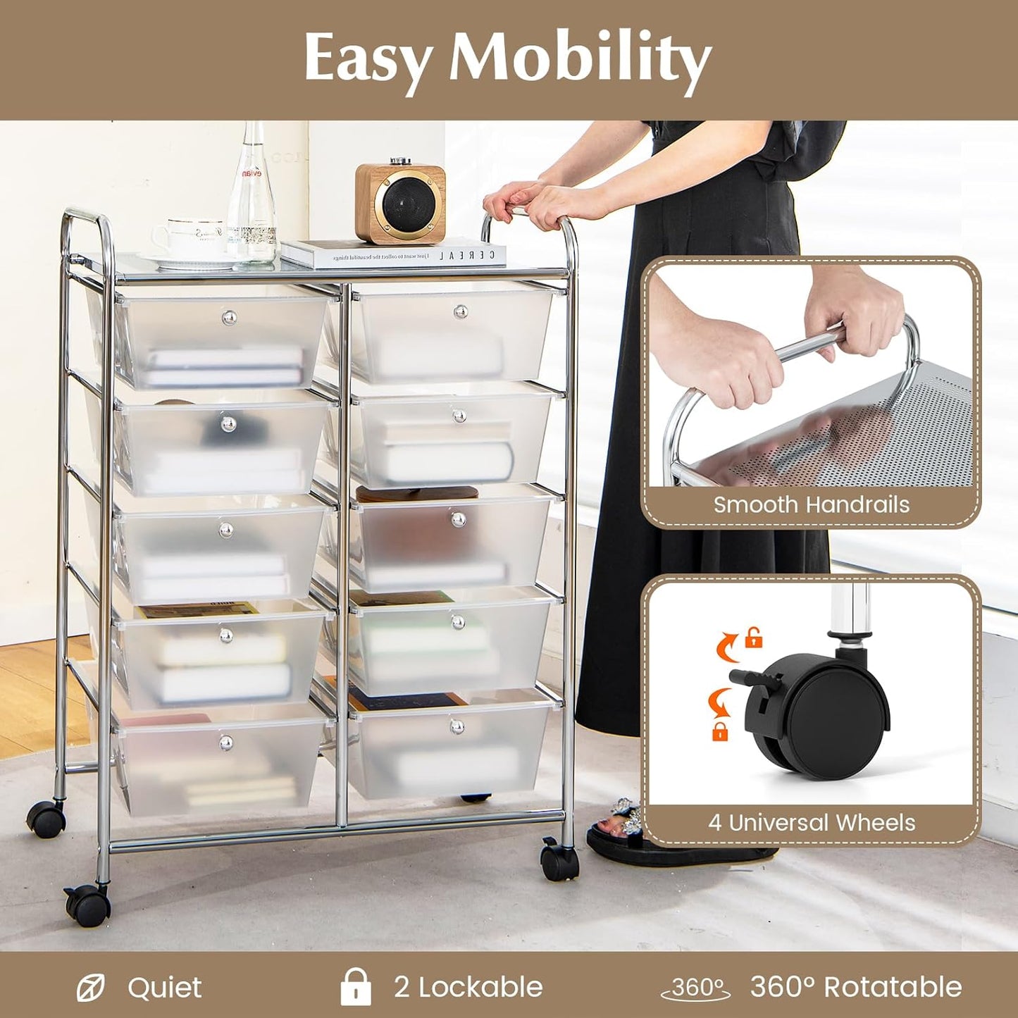 15 Drawer Rolling Storage Cart, Mobile Drawer Carts for Craft Art Supply Paper Salon, Utility Cart on Wheels for Classroom Teacher School Office, Rolling Cart with Drawers (Yellow)