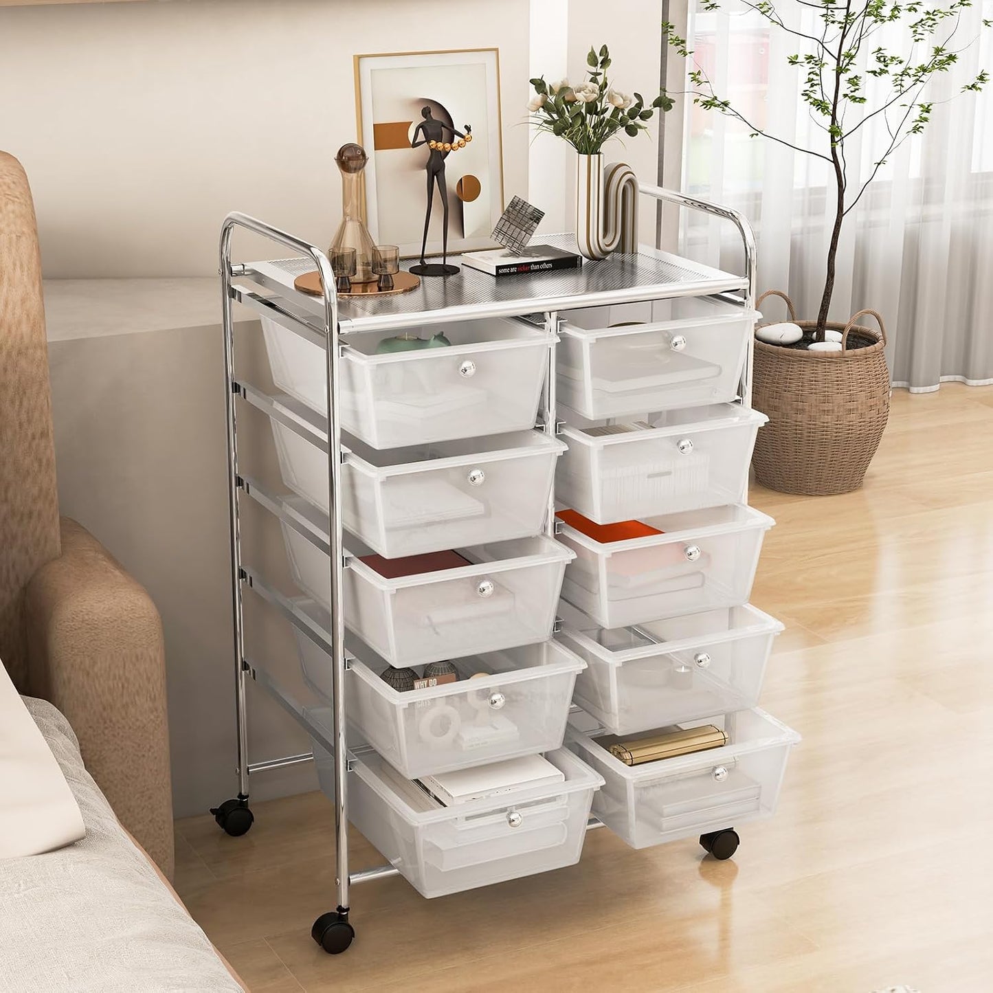 15 Drawer Rolling Storage Cart, Mobile Drawer Carts for Craft Art Supply Paper Salon, Utility Cart on Wheels for Classroom Teacher School Office, Rolling Cart with Drawers (Yellow)