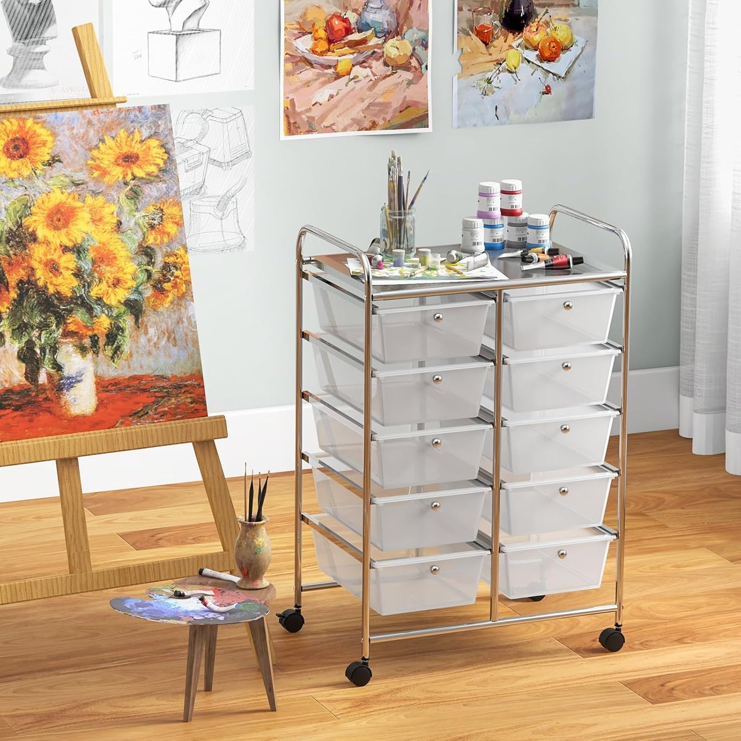 15 Drawer Rolling Storage Cart, Mobile Drawer Carts for Craft Art Supply Paper Salon, Utility Cart on Wheels for Classroom Teacher School Office, Rolling Cart with Drawers (Yellow)