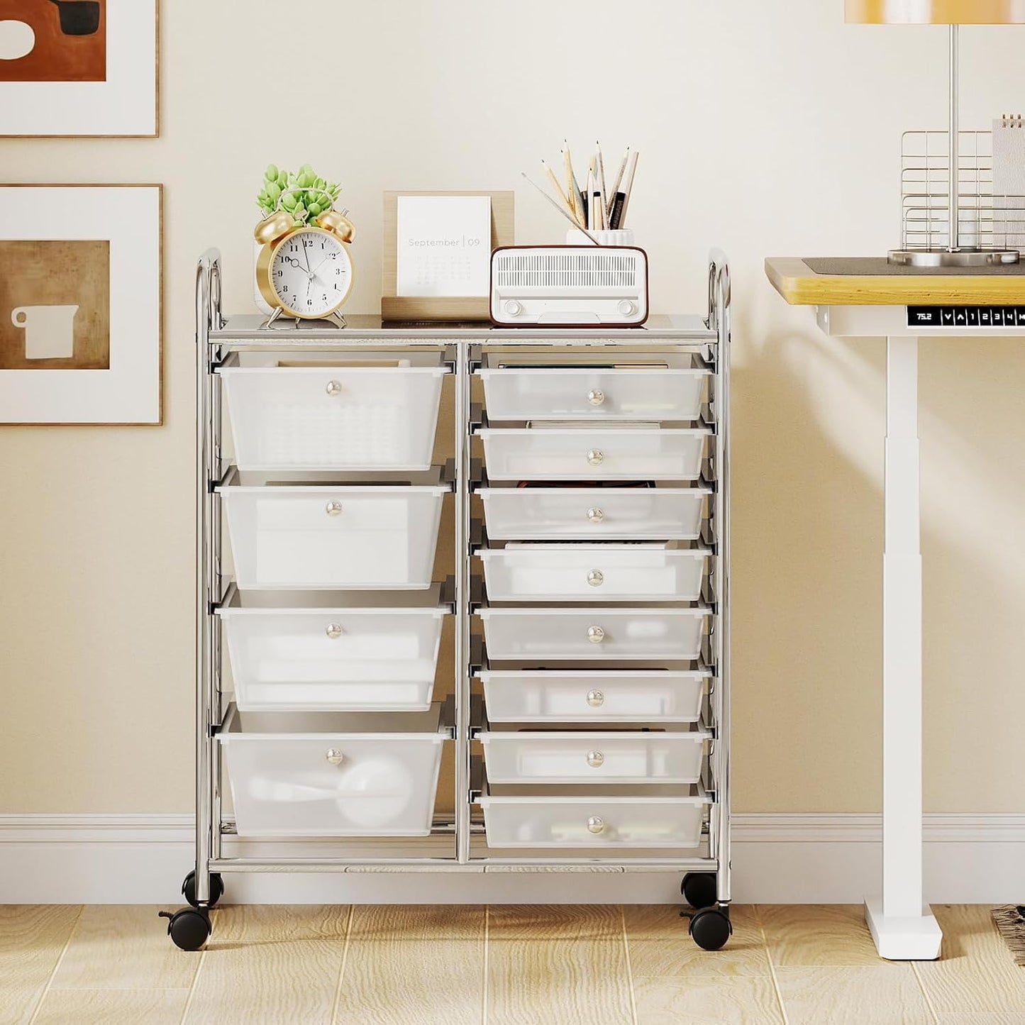 15 Drawer Rolling Storage Cart, Mobile Drawer Carts for Craft Art Supply Paper Salon, Utility Cart on Wheels for Classroom Teacher School Office, Rolling Cart with Drawers (Yellow)