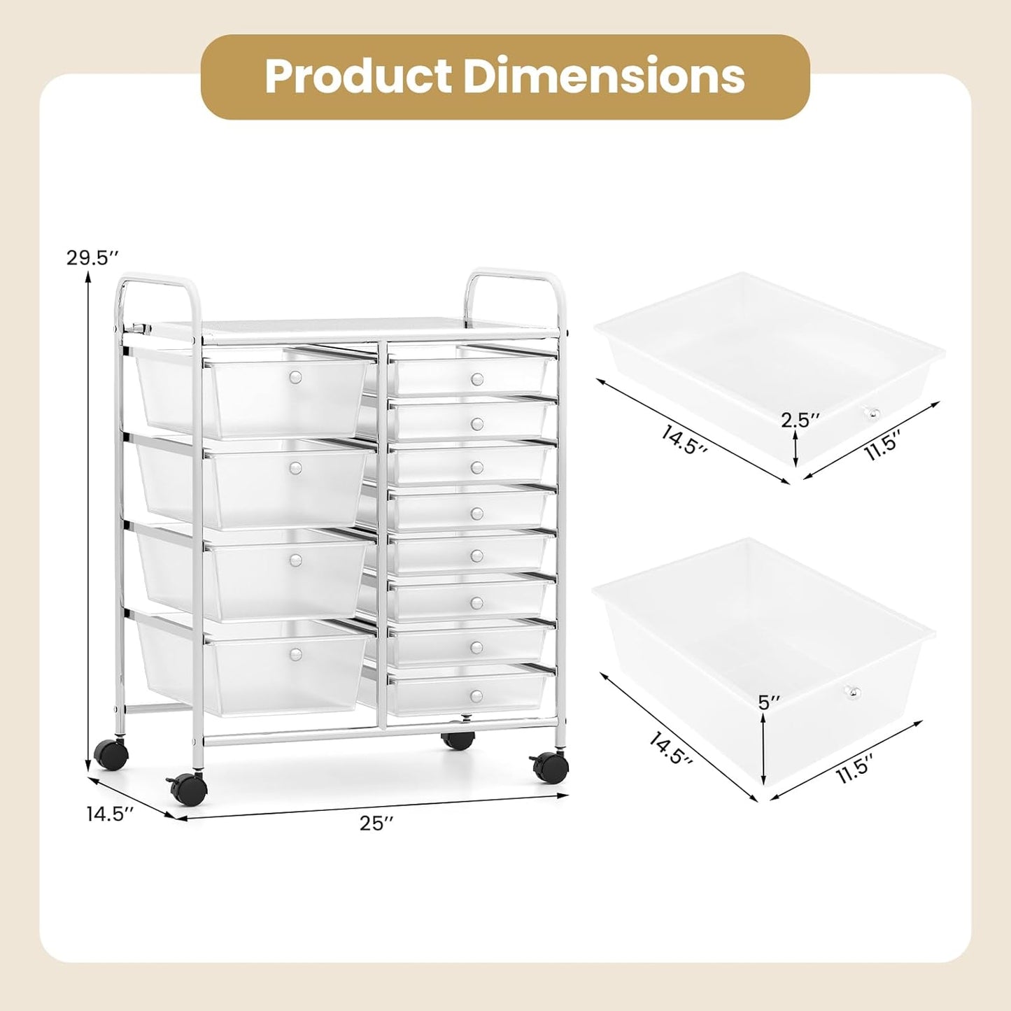 15 Drawer Rolling Storage Cart, Mobile Drawer Carts for Craft Art Supply Paper Salon, Utility Cart on Wheels for Classroom Teacher School Office, Rolling Cart with Drawers (Yellow)