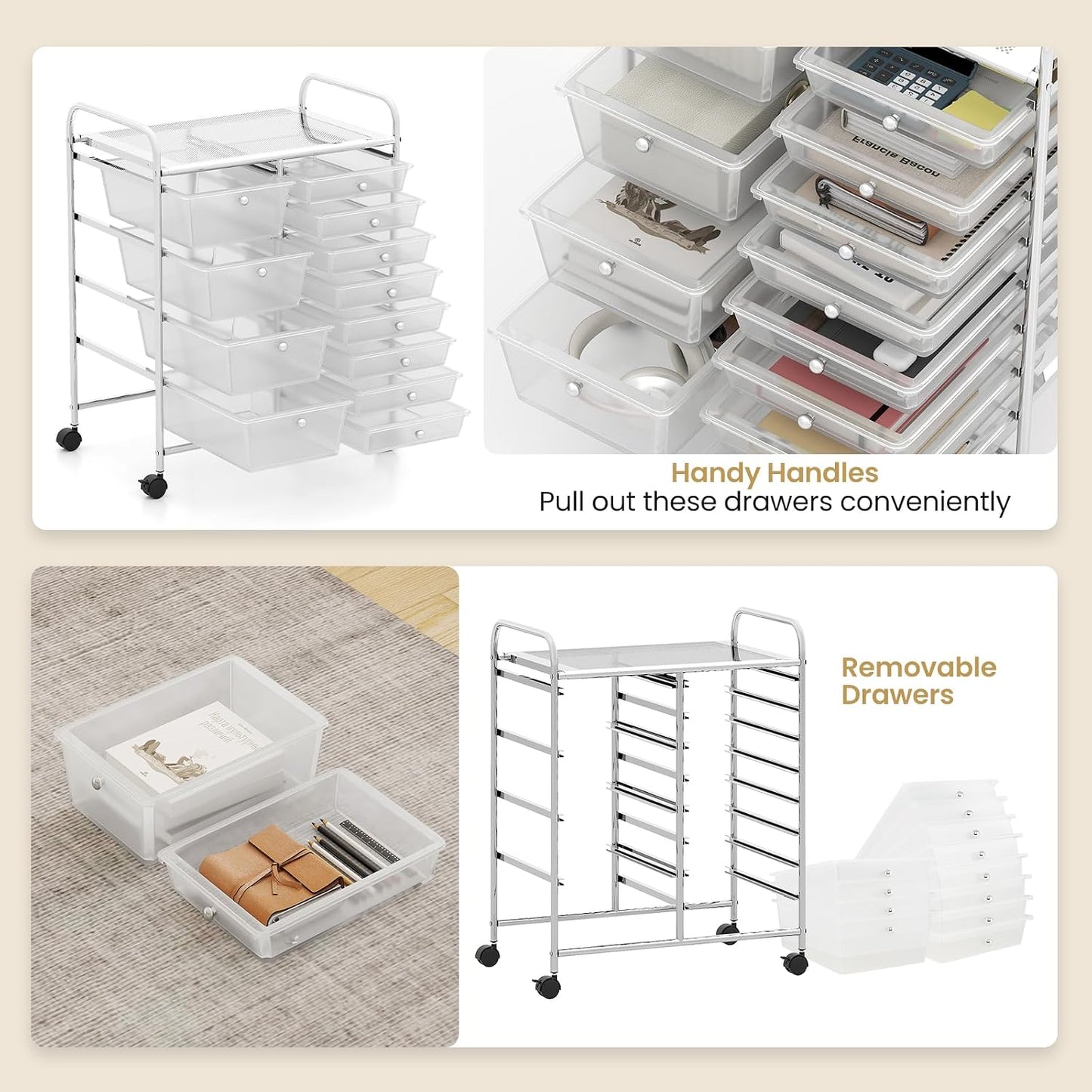 15 Drawer Rolling Storage Cart, Mobile Drawer Carts for Craft Art Supply Paper Salon, Utility Cart on Wheels for Classroom Teacher School Office, Rolling Cart with Drawers (Yellow)