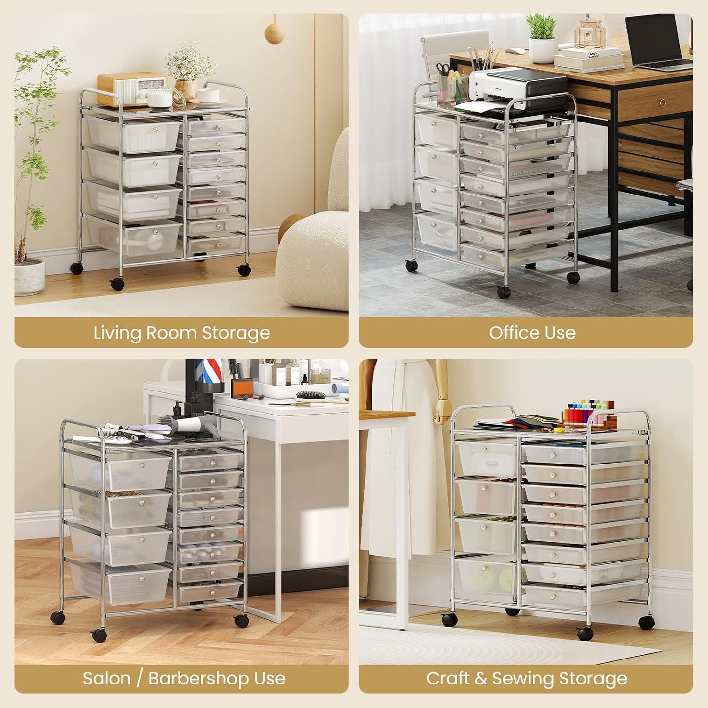 15 Drawer Rolling Storage Cart, Mobile Drawer Carts for Craft Art Supply Paper Salon, Utility Cart on Wheels for Classroom Teacher School Office, Rolling Cart with Drawers (Yellow)