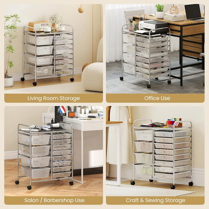 15 Drawer Rolling Storage Cart, Mobile Drawer Carts for Craft Art Supply Paper Salon, Utility Cart on Wheels for Classroom Teacher School Office, Rolling Cart with Drawers (Yellow)