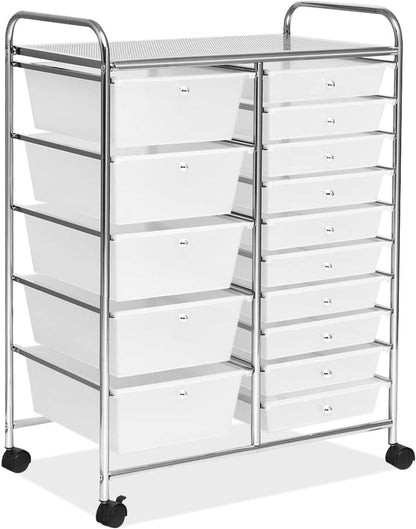 15 Drawer Rolling Storage Cart, Mobile Drawer Carts for Craft Art Supply Paper Salon, Utility Cart on Wheels for Classroom Teacher School Office, Rolling Cart with Drawers (Yellow)