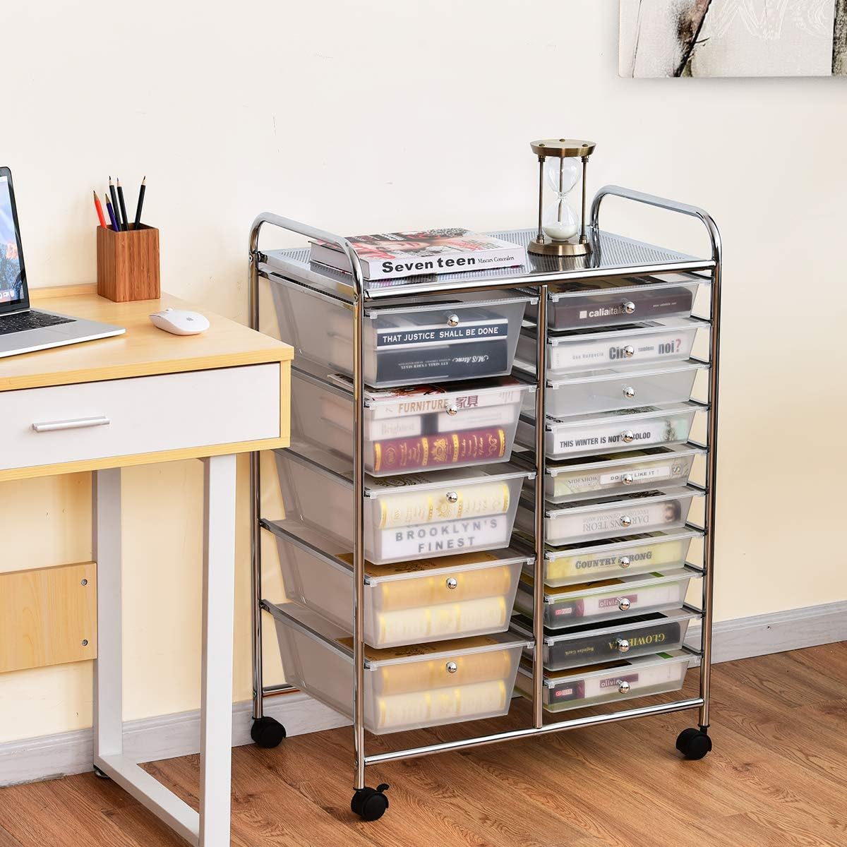 15 Drawer Rolling Storage Cart, Mobile Drawer Carts for Craft Art Supply Paper Salon, Utility Cart on Wheels for Classroom Teacher School Office, Rolling Cart with Drawers (Yellow)