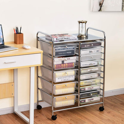 15 Drawer Rolling Storage Cart, Mobile Drawer Carts for Craft Art Supply Paper Salon, Utility Cart on Wheels for Classroom Teacher School Office, Rolling Cart with Drawers (Yellow)