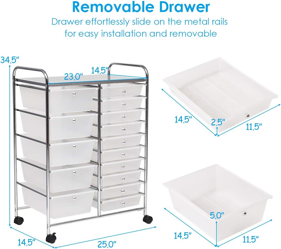 15 Drawer Rolling Storage Cart, Mobile Drawer Carts for Craft Art Supply Paper Salon, Utility Cart on Wheels for Classroom Teacher School Office, Rolling Cart with Drawers (Yellow)