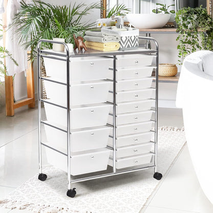 15 Drawer Rolling Storage Cart, Mobile Drawer Carts for Craft Art Supply Paper Salon, Utility Cart on Wheels for Classroom Teacher School Office, Rolling Cart with Drawers (Yellow)
