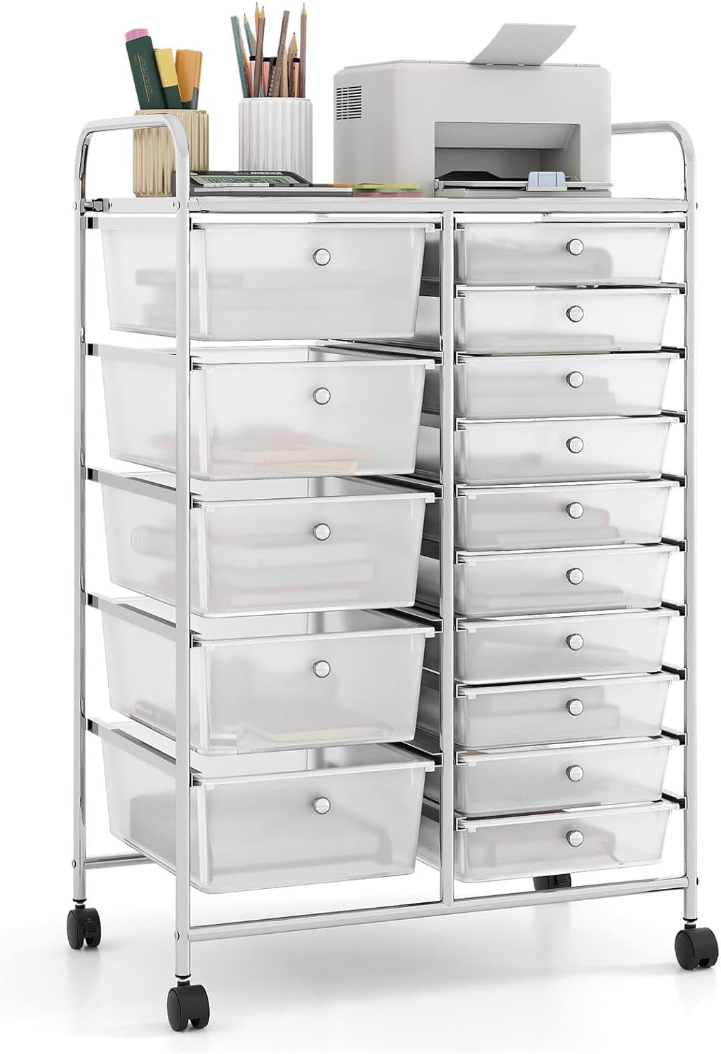 15 Drawer Rolling Storage Cart, Mobile Drawer Carts for Craft Art Supply Paper Salon, Utility Cart on Wheels for Classroom Teacher School Office, Rolling Cart with Drawers (Yellow)