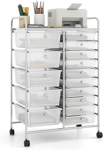 15 Drawer Rolling Storage Cart, Mobile Drawer Carts for Craft Art Supply Paper Salon, Utility Cart on Wheels for Classroom Teacher School Office, Rolling Cart with Drawers (Yellow)