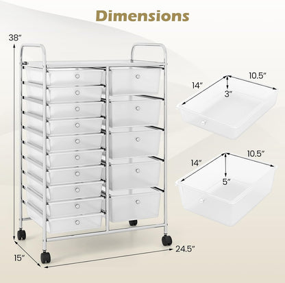 15 Drawer Rolling Storage Cart, Mobile Drawer Carts for Craft Art Supply Paper Salon, Utility Cart on Wheels for Classroom Teacher School Office, Rolling Cart with Drawers (Yellow)