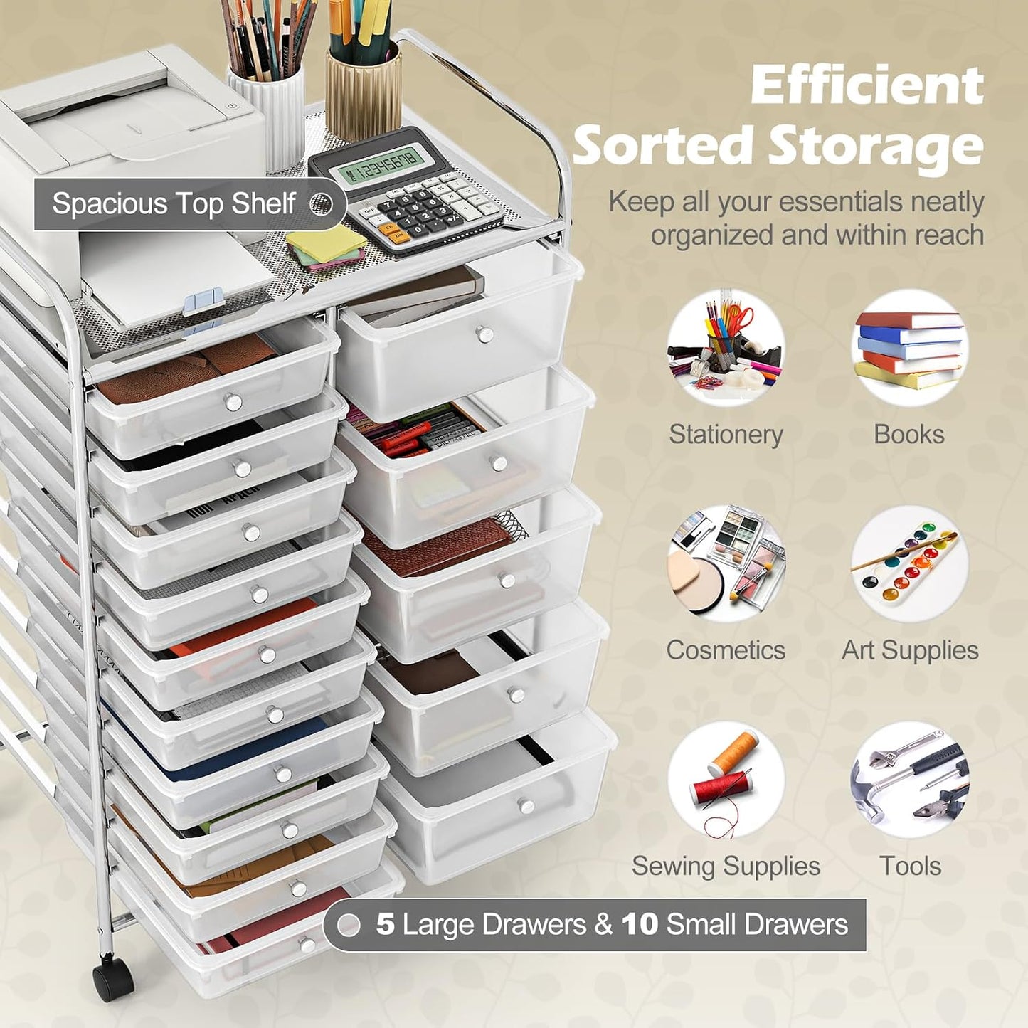 15 Drawer Rolling Storage Cart, Mobile Drawer Carts for Craft Art Supply Paper Salon, Utility Cart on Wheels for Classroom Teacher School Office, Rolling Cart with Drawers (Yellow)
