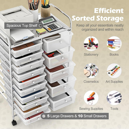 15 Drawer Rolling Storage Cart, Mobile Drawer Carts for Craft Art Supply Paper Salon, Utility Cart on Wheels for Classroom Teacher School Office, Rolling Cart with Drawers (Yellow)