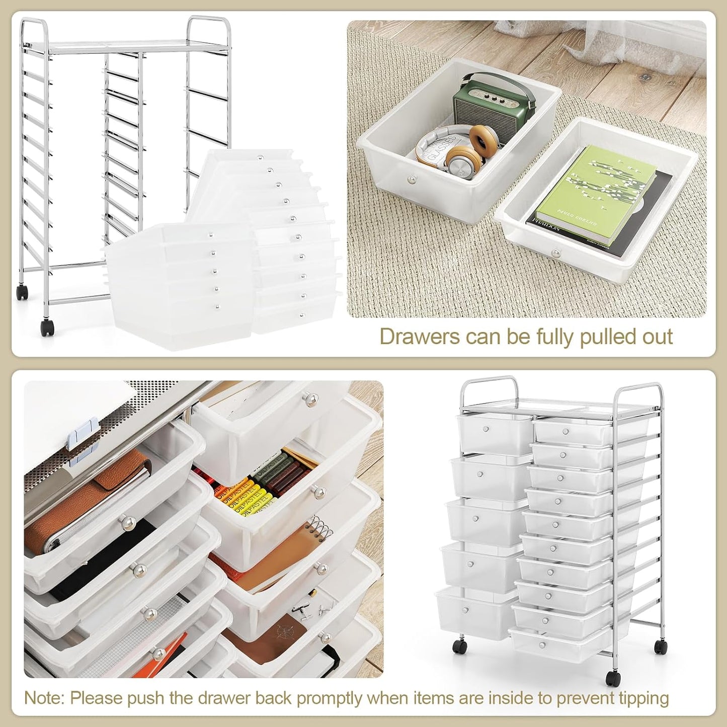 15 Drawer Rolling Storage Cart, Mobile Drawer Carts for Craft Art Supply Paper Salon, Utility Cart on Wheels for Classroom Teacher School Office, Rolling Cart with Drawers (Yellow)