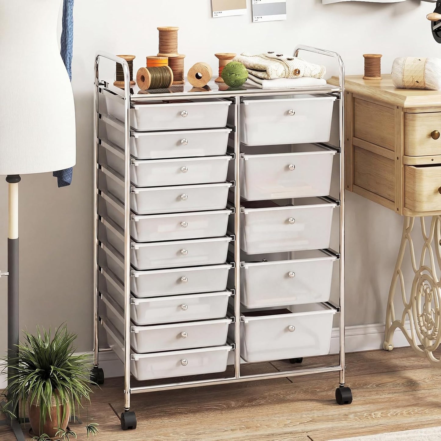 15 Drawer Rolling Storage Cart, Mobile Drawer Carts for Craft Art Supply Paper Salon, Utility Cart on Wheels for Classroom Teacher School Office, Rolling Cart with Drawers (Yellow)
