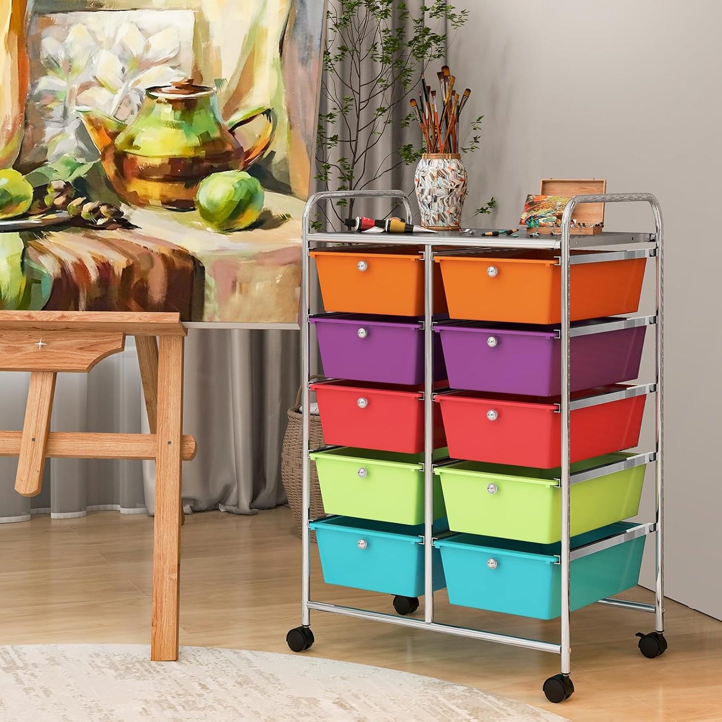 15 Drawer Rolling Storage Cart, Mobile Drawer Carts for Craft Art Supply Paper Salon, Utility Cart on Wheels for Classroom Teacher School Office, Rolling Cart with Drawers (Yellow)