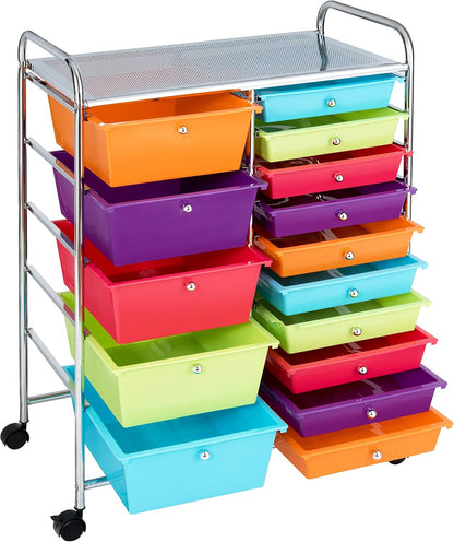 15 Drawer Rolling Storage Cart, Mobile Drawer Carts for Craft Art Supply Paper Salon, Utility Cart on Wheels for Classroom Teacher School Office, Rolling Cart with Drawers (Yellow)