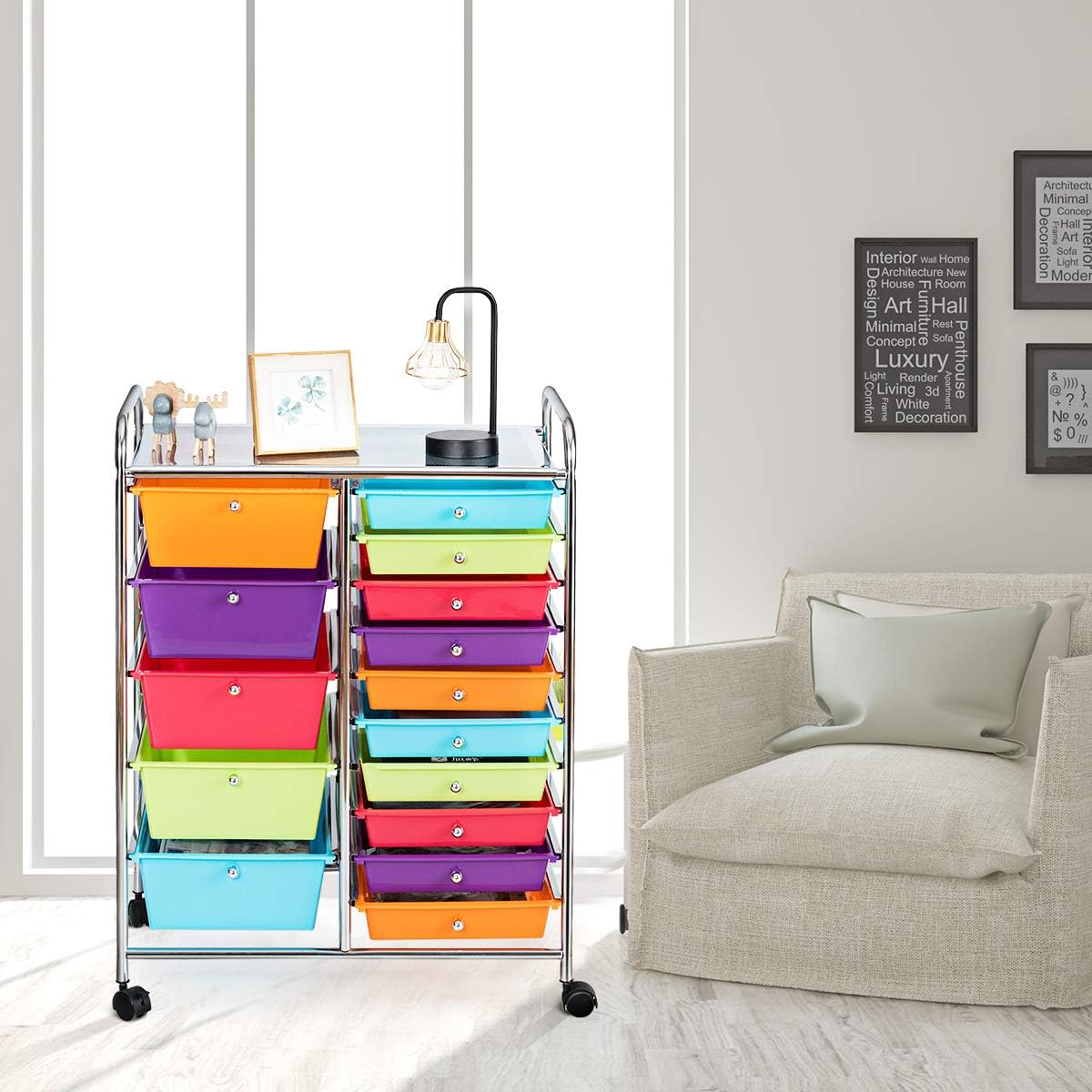 15 Drawer Rolling Storage Cart, Mobile Drawer Carts for Craft Art Supply Paper Salon, Utility Cart on Wheels for Classroom Teacher School Office, Rolling Cart with Drawers (Yellow)