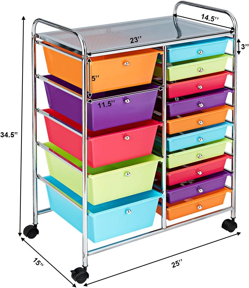 15 Drawer Rolling Storage Cart, Mobile Drawer Carts for Craft Art Supply Paper Salon, Utility Cart on Wheels for Classroom Teacher School Office, Rolling Cart with Drawers (Yellow)