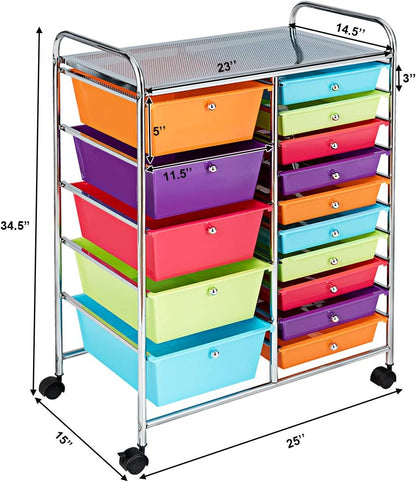 15 Drawer Rolling Storage Cart, Mobile Drawer Carts for Craft Art Supply Paper Salon, Utility Cart on Wheels for Classroom Teacher School Office, Rolling Cart with Drawers (Yellow)