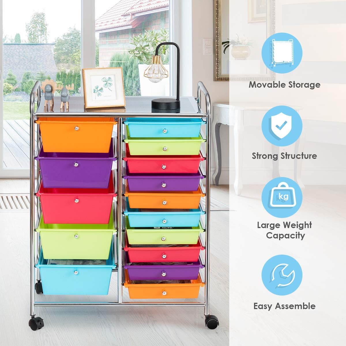 15 Drawer Rolling Storage Cart, Mobile Drawer Carts for Craft Art Supply Paper Salon, Utility Cart on Wheels for Classroom Teacher School Office, Rolling Cart with Drawers (Yellow)