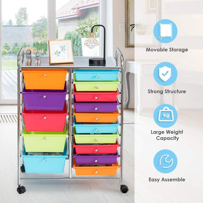 15 Drawer Rolling Storage Cart, Mobile Drawer Carts for Craft Art Supply Paper Salon, Utility Cart on Wheels for Classroom Teacher School Office, Rolling Cart with Drawers (Yellow)