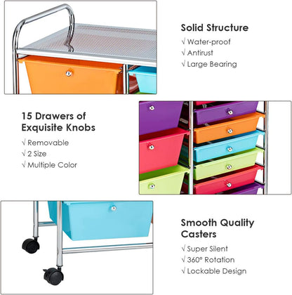 15 Drawer Rolling Storage Cart, Mobile Drawer Carts for Craft Art Supply Paper Salon, Utility Cart on Wheels for Classroom Teacher School Office, Rolling Cart with Drawers (Yellow)