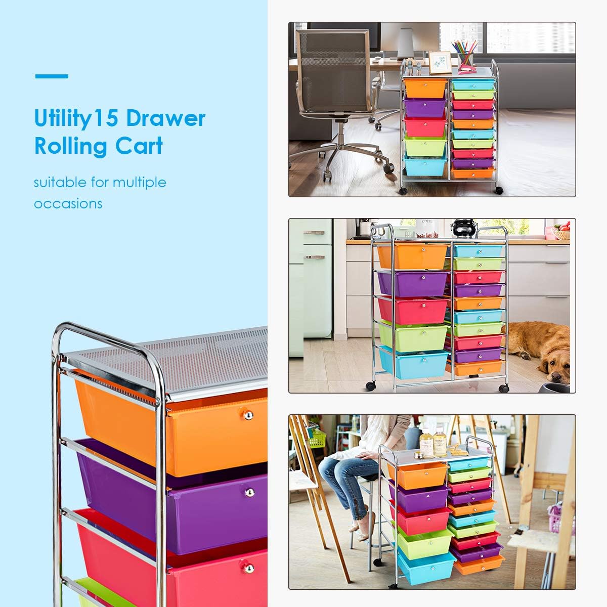 15 Drawer Rolling Storage Cart, Mobile Drawer Carts for Craft Art Supply Paper Salon, Utility Cart on Wheels for Classroom Teacher School Office, Rolling Cart with Drawers (Yellow)