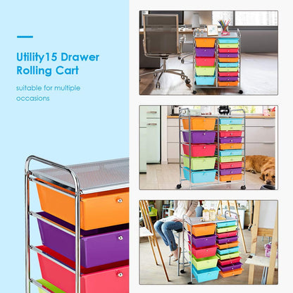 15 Drawer Rolling Storage Cart, Mobile Drawer Carts for Craft Art Supply Paper Salon, Utility Cart on Wheels for Classroom Teacher School Office, Rolling Cart with Drawers (Yellow)