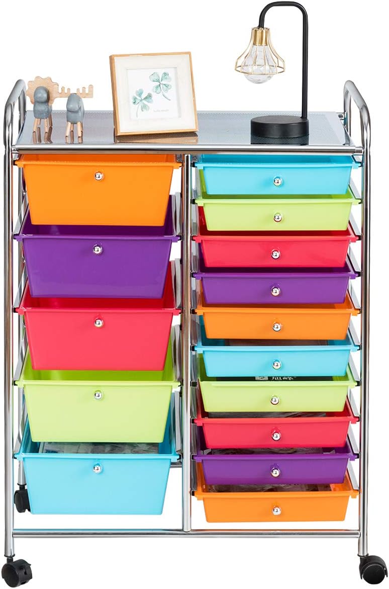 15 Drawer Rolling Storage Cart, Mobile Drawer Carts for Craft Art Supply Paper Salon, Utility Cart on Wheels for Classroom Teacher School Office, Rolling Cart with Drawers (Yellow)