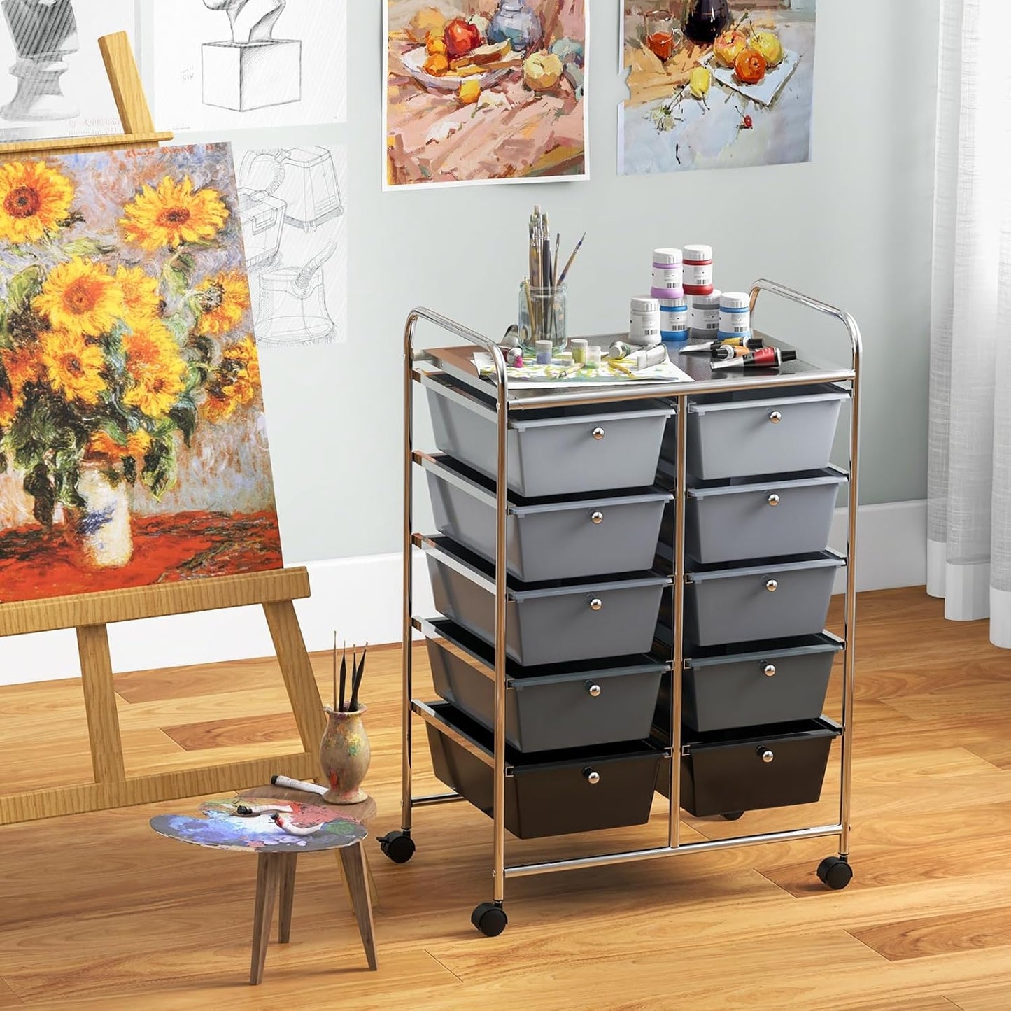 15 Drawer Rolling Storage Cart, Mobile Drawer Carts for Craft Art Supply Paper Salon, Utility Cart on Wheels for Classroom Teacher School Office, Rolling Cart with Drawers (Yellow)
