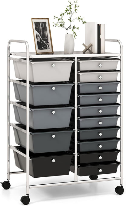 15 Drawer Rolling Storage Cart, Mobile Drawer Carts for Craft Art Supply Paper Salon, Utility Cart on Wheels for Classroom Teacher School Office, Rolling Cart with Drawers (Yellow)