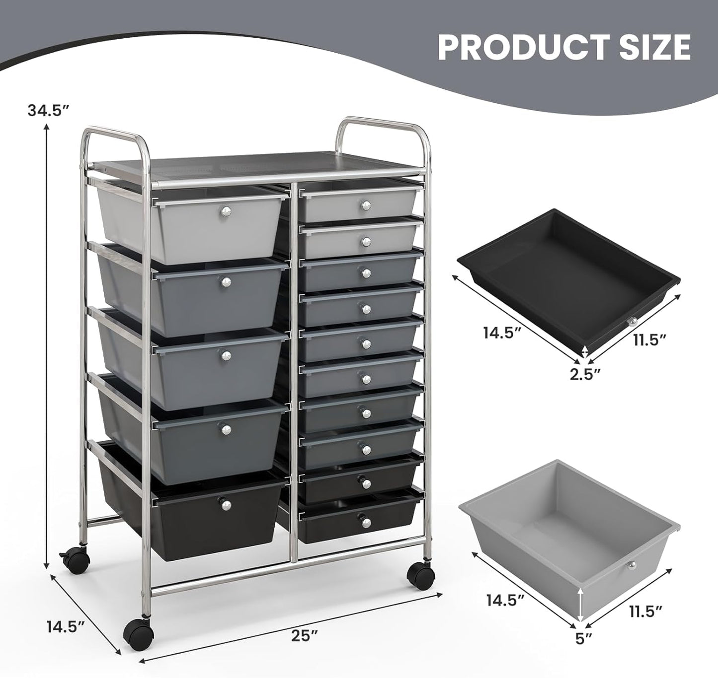 15 Drawer Rolling Storage Cart, Mobile Drawer Carts for Craft Art Supply Paper Salon, Utility Cart on Wheels for Classroom Teacher School Office, Rolling Cart with Drawers (Yellow)
