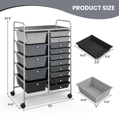 15 Drawer Rolling Storage Cart, Mobile Drawer Carts for Craft Art Supply Paper Salon, Utility Cart on Wheels for Classroom Teacher School Office, Rolling Cart with Drawers (Yellow)