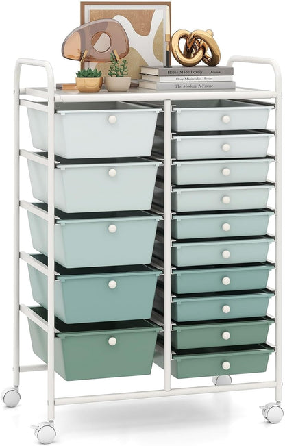 15 Drawer Rolling Storage Cart, Mobile Drawer Carts for Craft Art Supply Paper Salon, Utility Cart on Wheels for Classroom Teacher School Office, Rolling Cart with Drawers (Yellow)