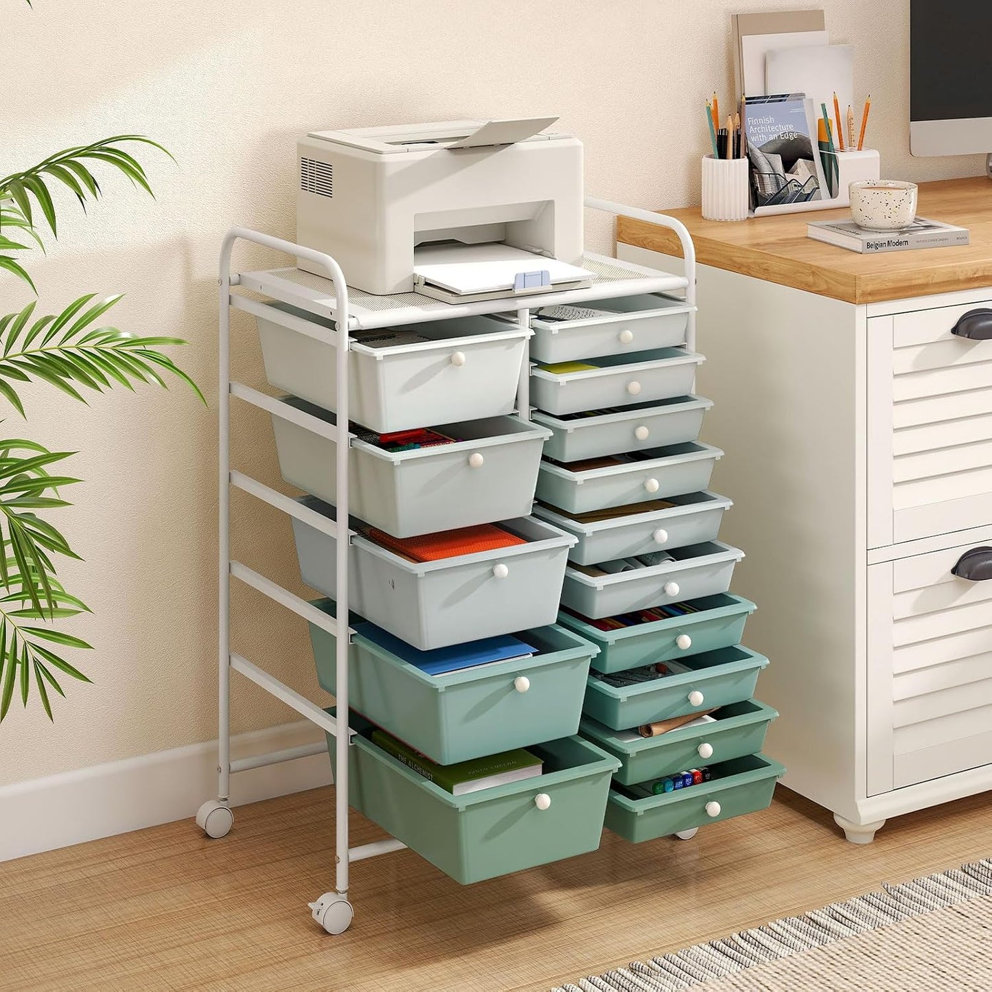 15 Drawer Rolling Storage Cart, Mobile Drawer Carts for Craft Art Supply Paper Salon, Utility Cart on Wheels for Classroom Teacher School Office, Rolling Cart with Drawers (Yellow)
