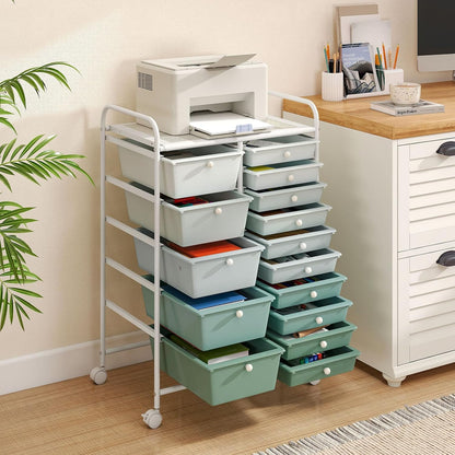 15 Drawer Rolling Storage Cart, Mobile Drawer Carts for Craft Art Supply Paper Salon, Utility Cart on Wheels for Classroom Teacher School Office, Rolling Cart with Drawers (Yellow)