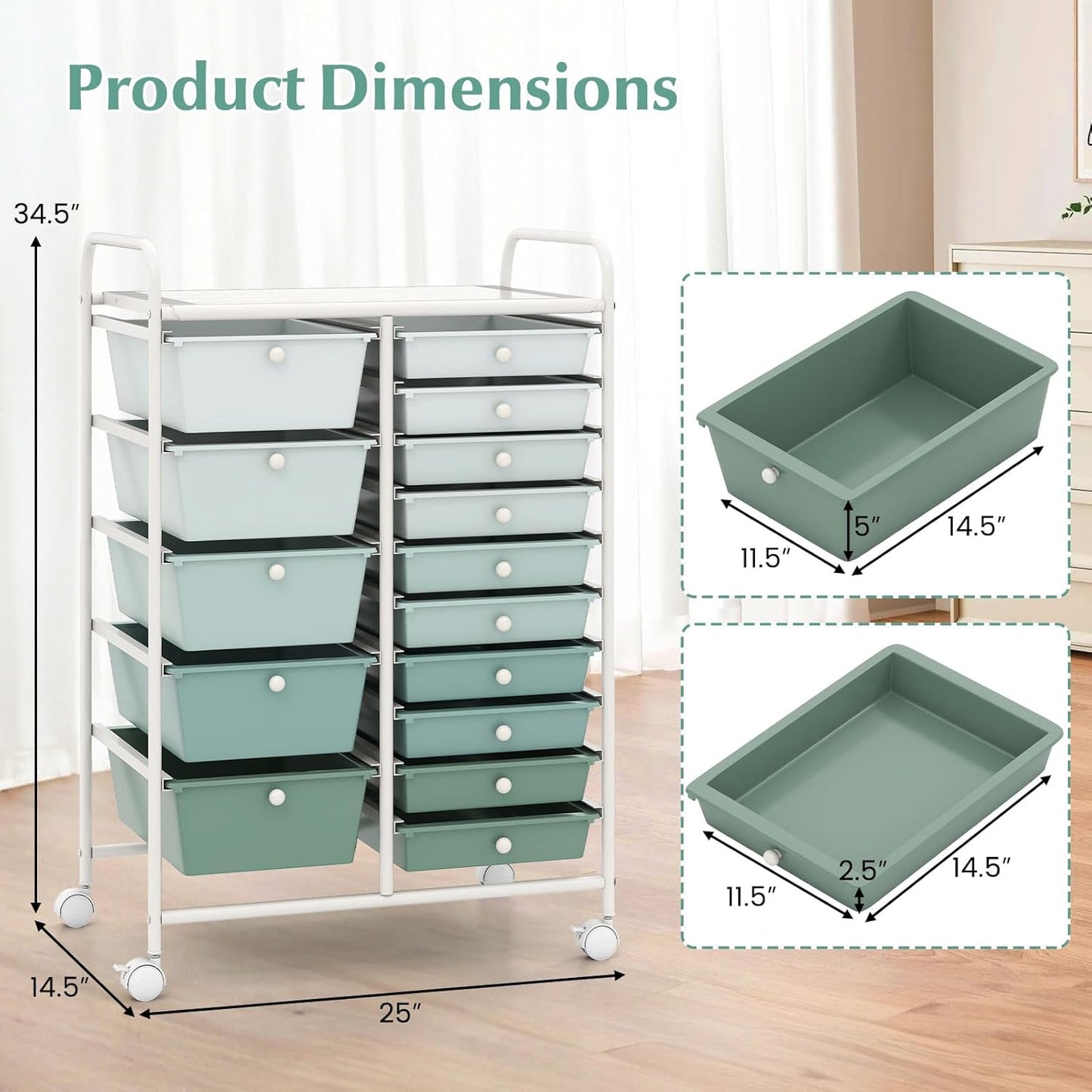 15 Drawer Rolling Storage Cart, Mobile Drawer Carts for Craft Art Supply Paper Salon, Utility Cart on Wheels for Classroom Teacher School Office, Rolling Cart with Drawers (Yellow)