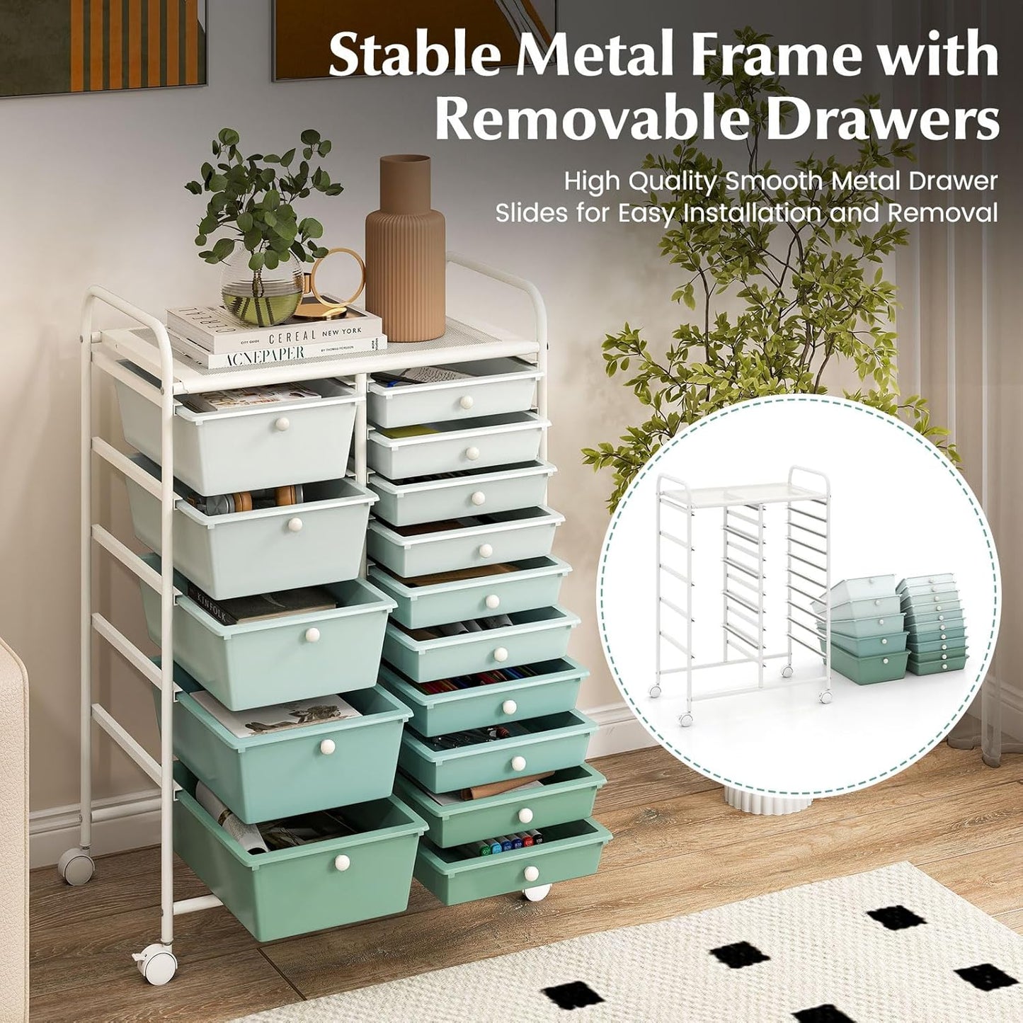 15 Drawer Rolling Storage Cart, Mobile Drawer Carts for Craft Art Supply Paper Salon, Utility Cart on Wheels for Classroom Teacher School Office, Rolling Cart with Drawers (Yellow)