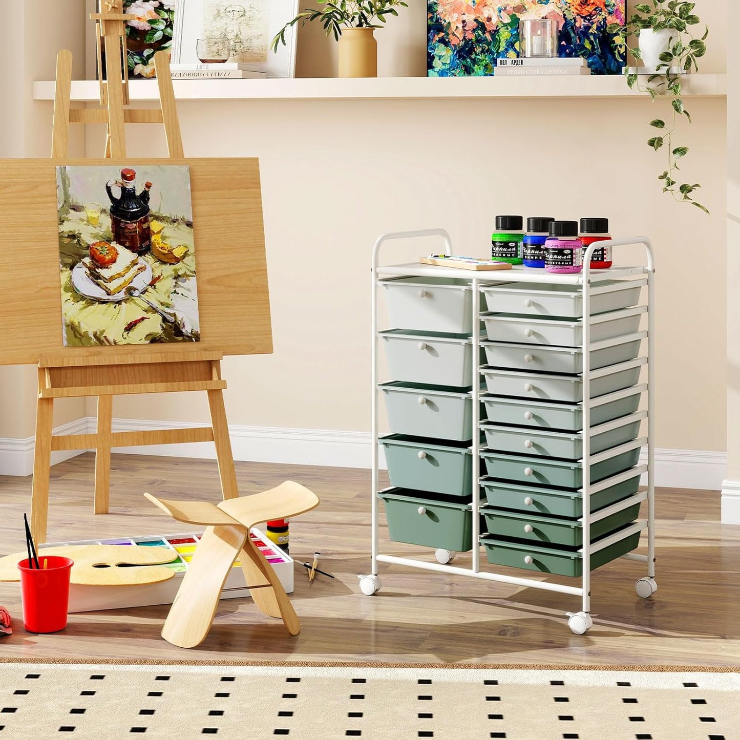 15 Drawer Rolling Storage Cart, Mobile Drawer Carts for Craft Art Supply Paper Salon, Utility Cart on Wheels for Classroom Teacher School Office, Rolling Cart with Drawers (Yellow)